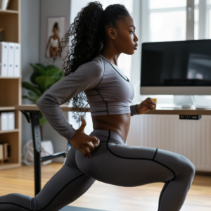 A Software Engineer does bodyweight lunges next to her desk