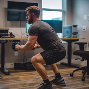 A Software Engineer does bodyweight squats next to his desk to combat a sedentary lifestyle